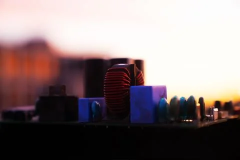 Cinematic Moody Close-up of Electronic Components at Sunset Stock Photos