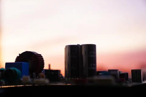 Cinematic Moody Close-up of Electronic Components at Sunset Stock Photos