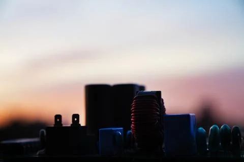 Cinematic Moody Close-up of Electronic Components at Sunset Stock Photos