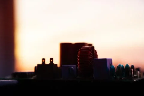 Cinematic Moody Close-up of Electronic Components at Sunset Stock Photos