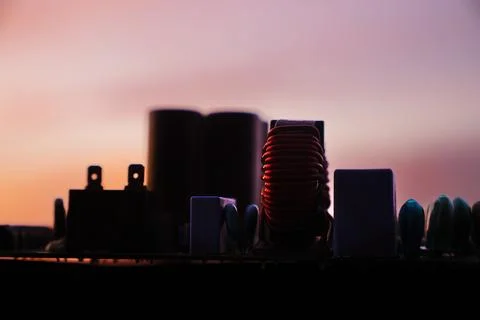 Cinematic Moody Close-up of Electronic Components at Sunset Stock Photos
