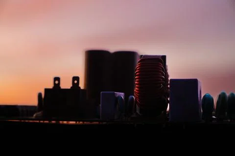 Cinematic Moody Close-up of Electronic Components at Sunset Stock Photos