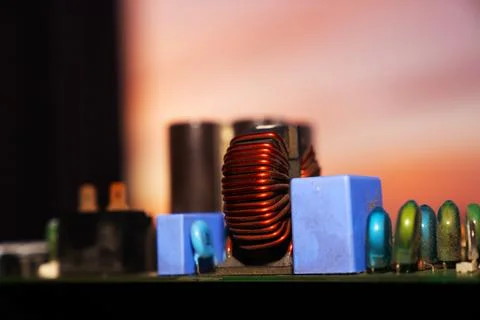 Cinematic Moody Close-up of Electronic Components at Sunset Stock Photos