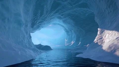 Cinematic motion drifting smoothly forward through a frozen blue ice cave Stock Footage 348085621