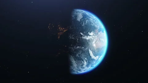 Cinematic move of Earth in Space with day and night areas on stars background. Video stock 211664087