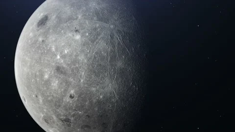 Cinematic move of Moon in Space with bright and dark areas on stars background. Stock Footage 211664967