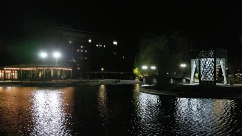 Cinematic night view of a glowing pavilion near a pond Stock Footage 333922996