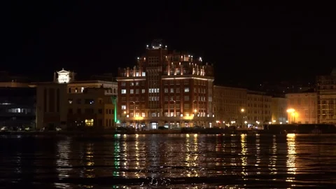 A cinematic night view of the Trieste waterfront in Italy Stock Footage 329243821
