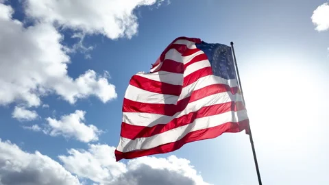 Cinematic Orbit Shot of American Flag Waving Against Cloudy Sky Stock Footage 333797258