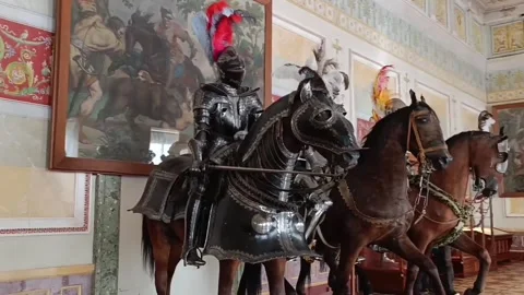 Cinematic Pan: Medieval Knight Armor and Heavy Cavalry in the Hermitage Stock Footage 344811994
