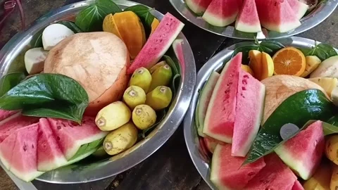 Cinematic Pan Over Completed Sri Lankan Fruit offering Platter Stock-Footage 339059282
