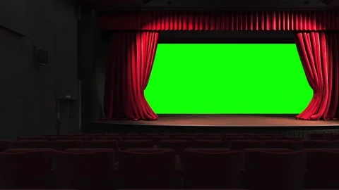 Cinematic panning shot of empty classic theatre with red velvet curtains opening Stock Footage 220550379