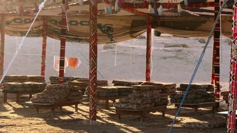 Cinematic Panoramic View of Interior Traditional Bedouin Dining Tent at Sunset Stock Footage 341839161