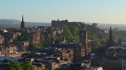 Cinematic Parallel Move Capturing Edinburgh Castle, Balmoral Clock Tower, and Stock-Footage 314708605