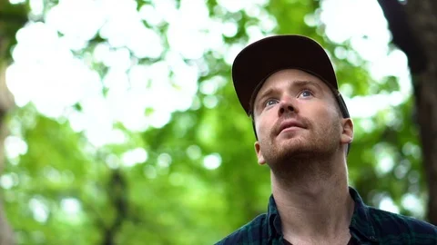 Cinematic Portrait of Scared Man Lost in Forest Slow Motion Stock Footage 105059087