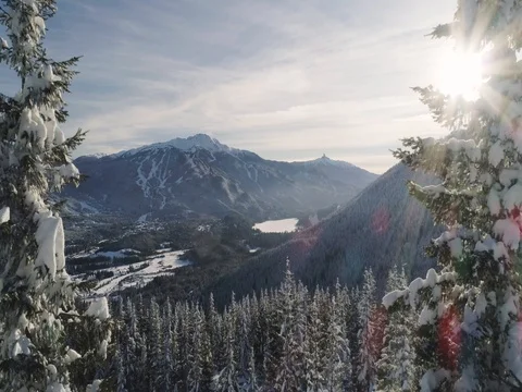 Cinematic Pull Back View Of Georgous Snow Covered Trees And Ski Resort At Sunset Vidéo 84751771