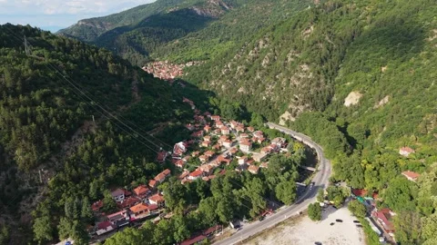 Cinematic Pull Out Drone Shot of Bachkovo Village Bulgaria 스톡 동영상 344760908