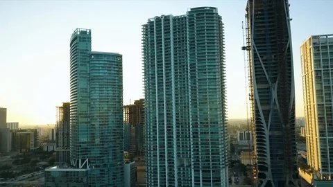 Cinematic Push-Back Shot Downtown City High-Risers Sunset - 4k Video stock 86447106