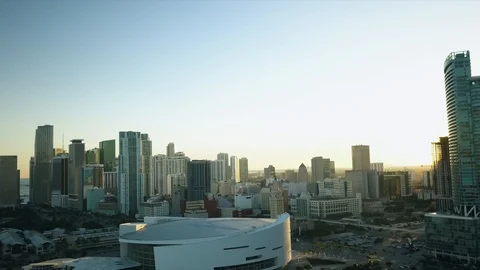 Cinematic Push-Back Shot Downtown City &amp; High-Risers Sunset - 4k Video stock 86447826