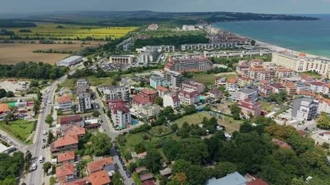 Cinematic push in over park and camp area in Obzor, Bulgaria Stock Footage 344472343