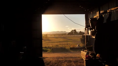 Cinematic Push In through Horse Stable with Sunset Shining in Barn Stock Footage 220335134