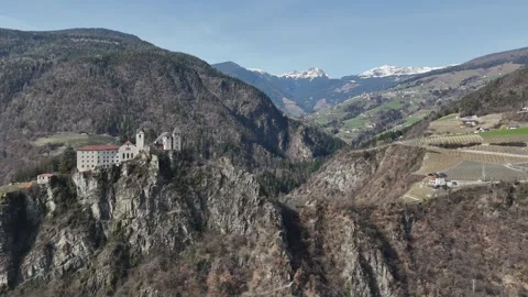 Cinematic Receding Drone Flight Over Säben Abbey North Ridge Stock Footage 335356240