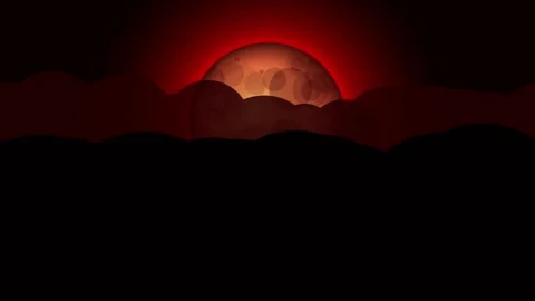 Cinematic red sun or moon rising behind dark clouds and hills Stock Footage 346149107