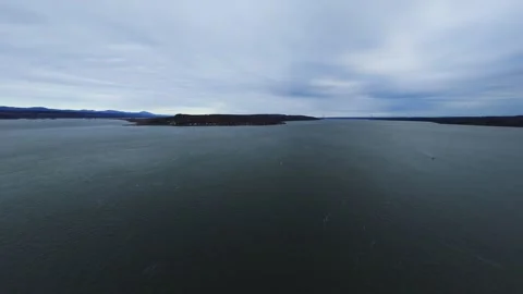 Cinematic river panorama in soft grey weather Stock Footage 320849516
