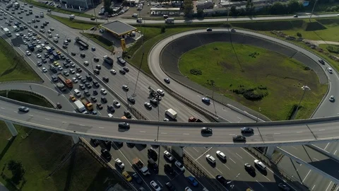 Cinematic road junction on Moscow ring road megalopolis busy traffic From above  Stock Footage 117666342