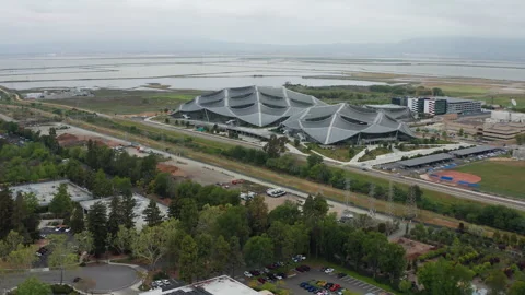 Cinematic rotating aerial of Googleplex Google headquarters in Mountain View Stock Footage 308206084