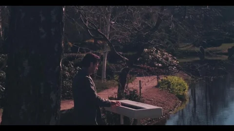 Cinematic Scene of Man Playing White Digital Piano by Lake in Park Stock Footage 335104231
