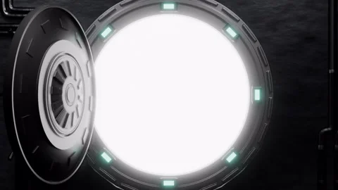 Cinematic Sci-Fi Circular Door Opening to Bright White Light Zoom 4K Stock Footage 335939126