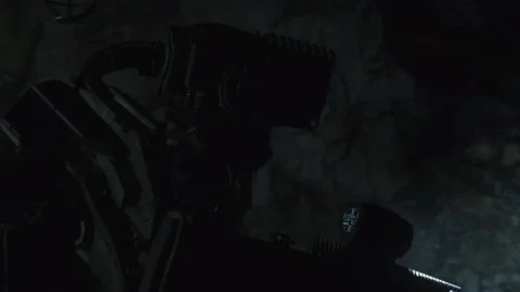 Cinematic Sci-Fi Robot Stealth Raid Maneuver Armed With Guns At Night 07 Stock Footage 201828482