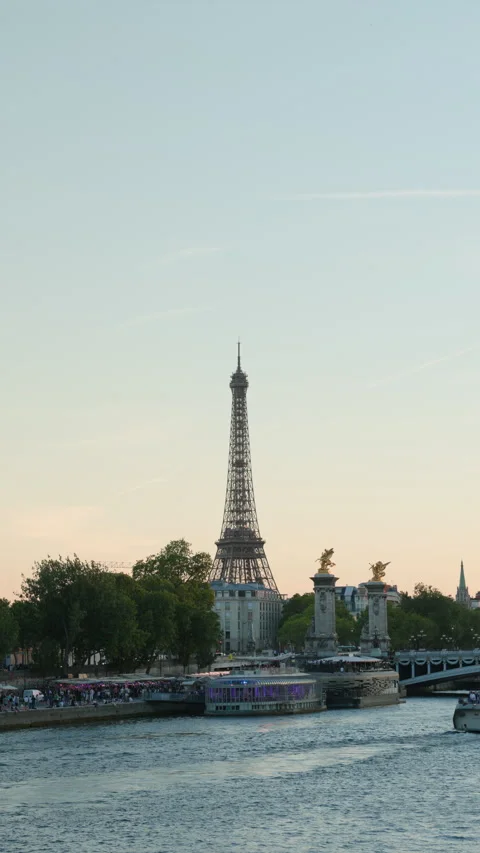 Cinematic Seine River, Eiffel Tower and Pont Alexandre III, Paris - Vertical Stock Footage 338254847