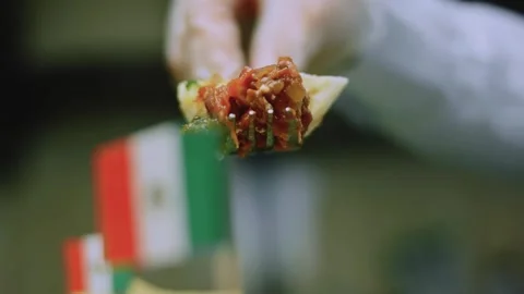 Cinematic serving view of overhead Mexican breakfast on a rustic table Stock Footage 342153107