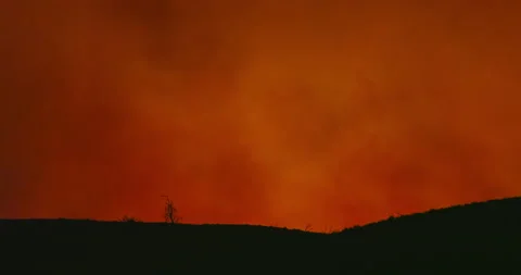Cinematic shot of bright orange cloud of smoke from the wildfire on dark night Video stock 137369326