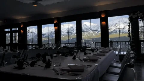 Cinematic Shot of Classy Dinner Tables with Beautiful view of Mountains. Video stock 127834751