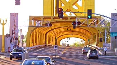 Cinematic shot of driving through Tower bridge in Sacramento Stock Footage 76824560