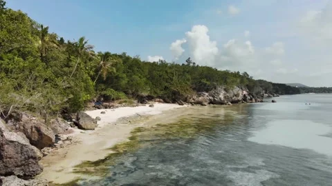 Cinematic shot of a drone of a small sandy beach on the edge of a dense jungle Stock Footage 134947084