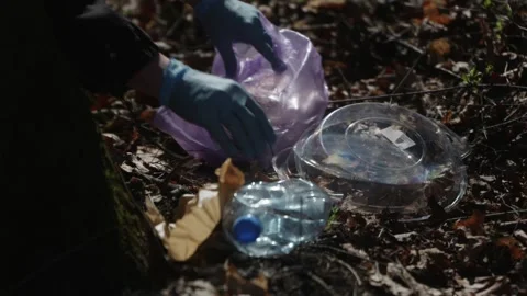 Cinematic shot of hands in gloves picking up trash in forest Stock Footage 332358785