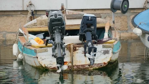Cinematic shot: Old twin-engine fishing boat. 4k. Slow motion Stockbeeldmateriaal 132014796