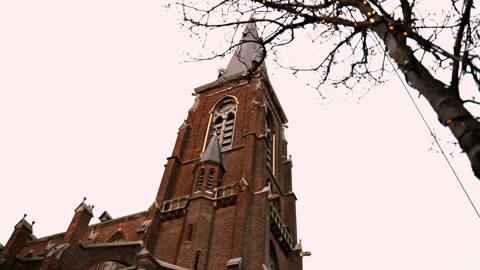 A cinematic shot of a tree without leaves with a red old church behind it Stock Footage 234875491
