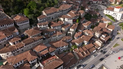 Cinematic Sideways Drone Flight Over Ottoman Tile Roofs in Berat 库存影片 335486608