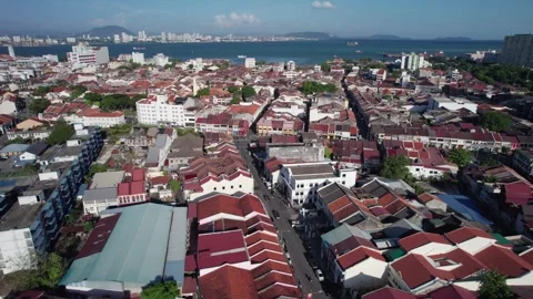 Cinematic Sideways Drone Movement Across Georgetown Malaysia Urban Landscape Stock Footage 335271246