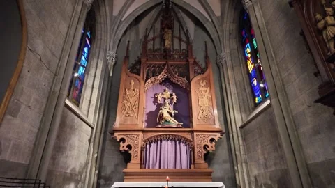 Cinematic Slow Motion Admont Side Altar, Gothic Revival Woodwork Detail Stock Footage 328694917