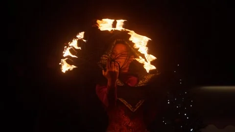 Cinematic Slow-Motion Fire Dance at Mystical Night Festival Celebration Stock Footage 328265653