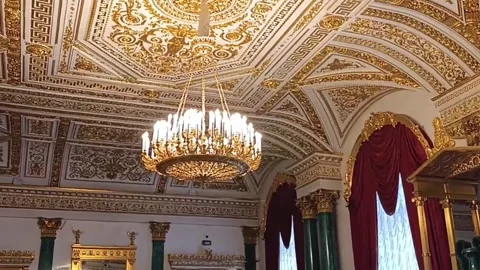 Cinematic Slow Motion: Golden Ceiling and Malachite Columns of the Winter Palace Stock Footage 344811911