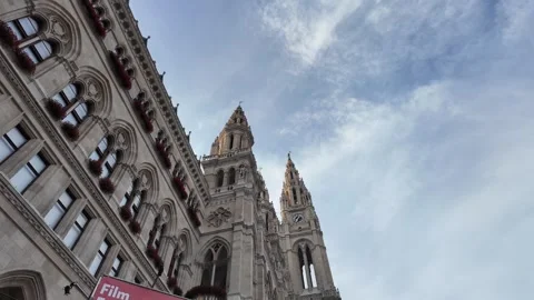 Cinematic slow motion low-angle footage of Vienna City Hall spires Stock Footage 344432682
