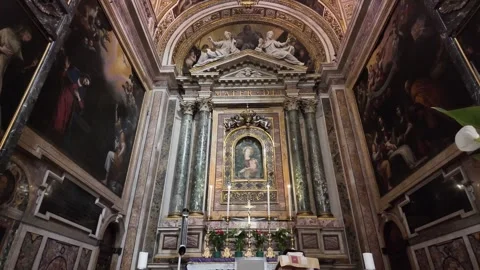 Cinematic Slow Motion Of Miraculous Madonna Icon In Rome Church Video stock 333262453