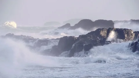 Cinematic Slow Motion Storm Waves Crash onto Causeway Coast Northern Ireland Stock Footage 73160643